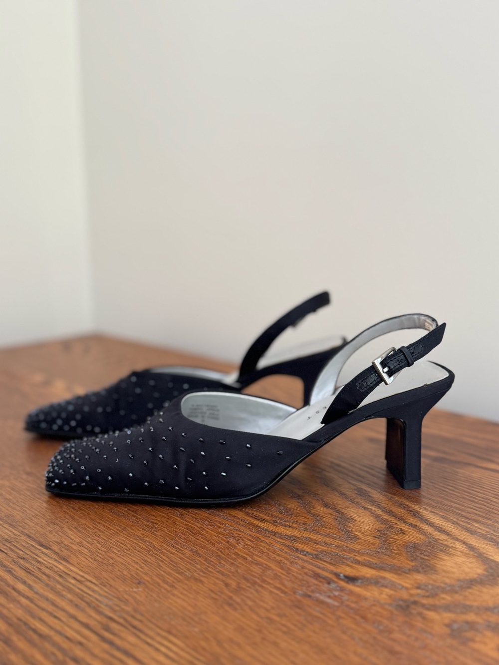 Black Satin Beaded Slingback Mid-Heels